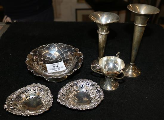 3 silver bonbon dishes, three-handled vase and pair of spill vases